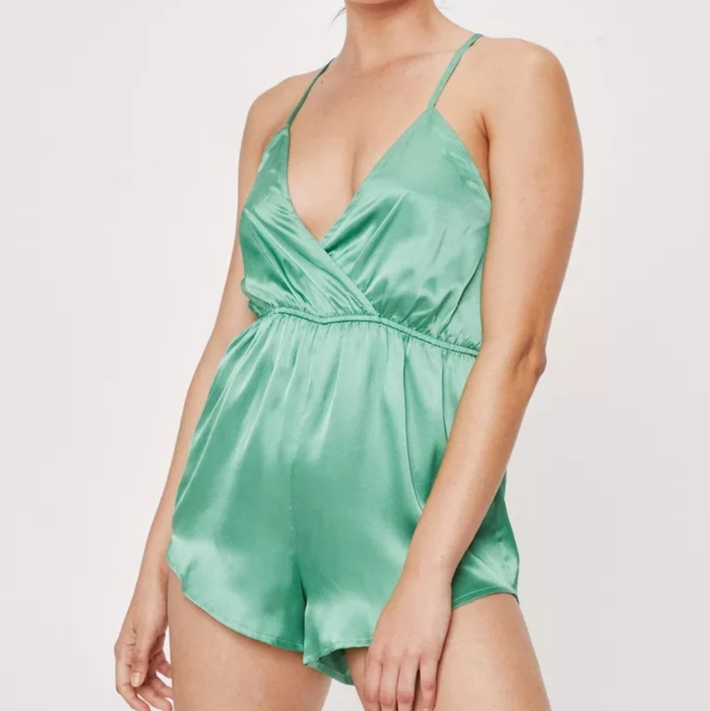 Green Satin V-Neck Sleeveless Wrap Teddy